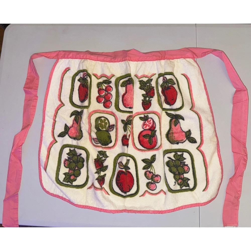 Vintage Fruit Print Half Apron Womens OS Pink Cream Terry Cloth Retro Kitchen